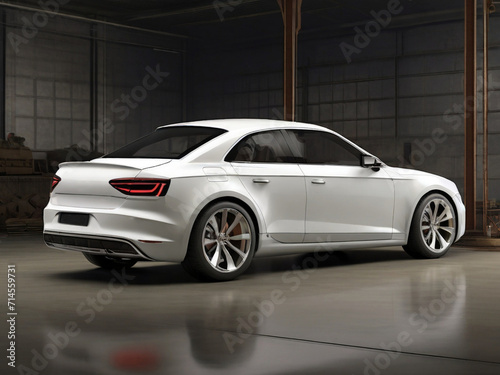 White sport car in the garage. 3d render. Side view. Created using generative AI tools © Minar Aslanova