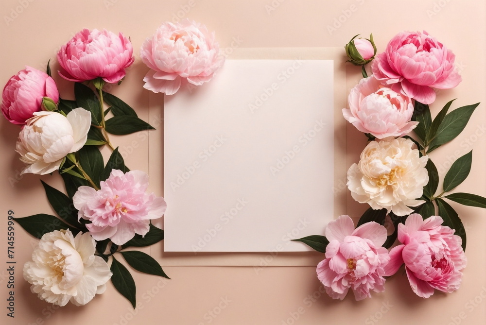 Greeting card mockup and beautiful pink peonies flowers frame on beige background with copy space top view, flatlay. Empty blank sheet card mock up for holiday greetings. Day, Mother's day, birthday