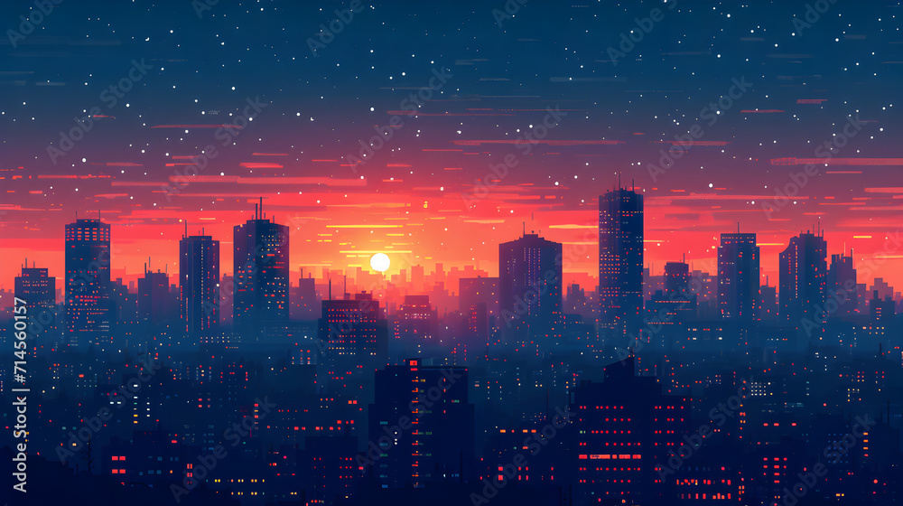 Fototapeta premium Pixel Art at Sunset - Retro Illustration