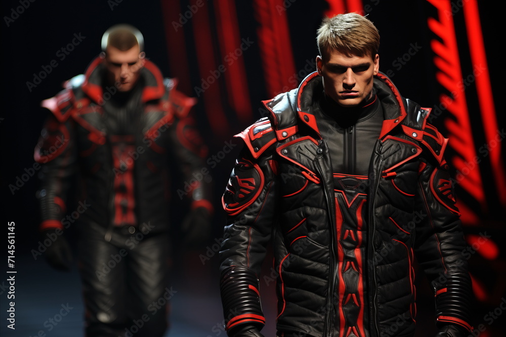 Attractive brutal males in leather jacket on the catwalk fashion show.
