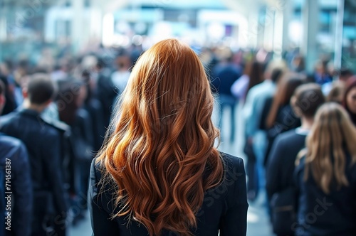 Businesswoman standing out from large crowd of people, Back view.