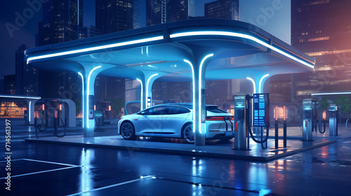 Electric car connect to charging station. Modern city future technology concept