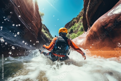 Canyoning extreme sport. canyoning expedition, popular trails, hard impressive spot. Man Exploring a wild untamed river canyon. Energy, freedom and adrenaline, back view. © masherdraws