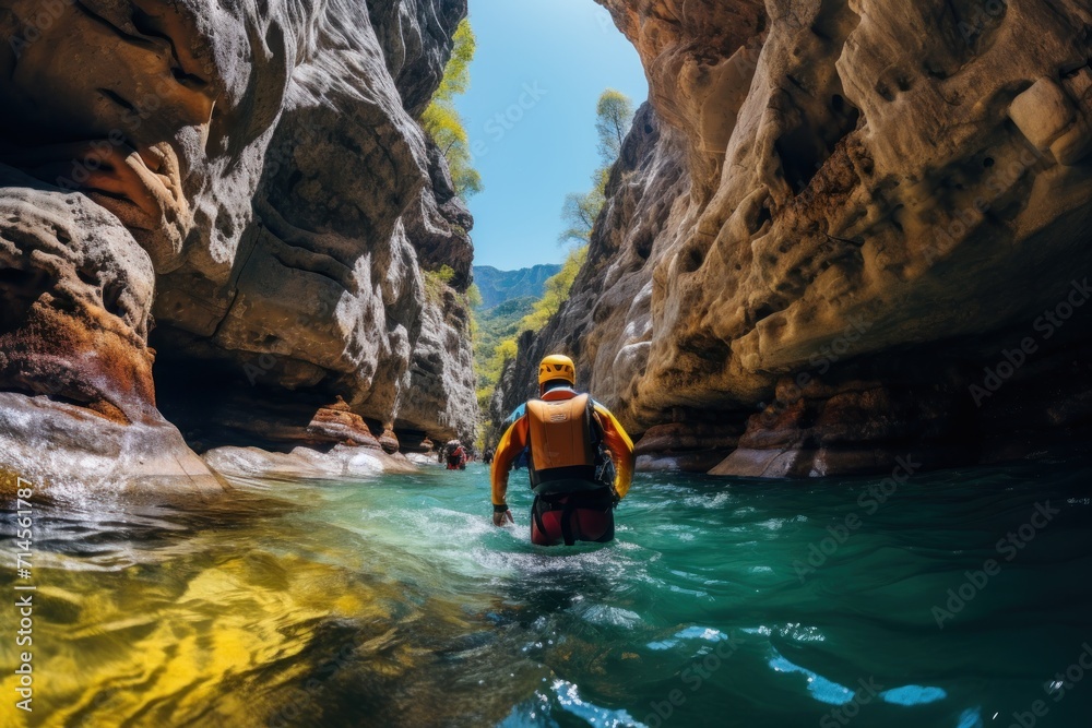 Canyoning extreme sport. canyoning expedition, popular trails, hard impressive spot. Man Exploring a wild untamed river canyon. Energy, freedom and adrenaline, back view.