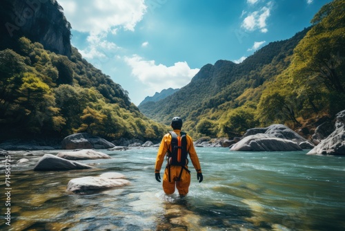 Canyoning extreme sport. canyoning expedition, popular trails, hard impressive spot. Man Exploring a wild untamed river canyon. Energy, freedom and adrenaline, back view. photo