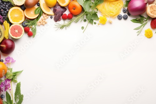 Fresh fruits and vegetables on a white background with copy space.