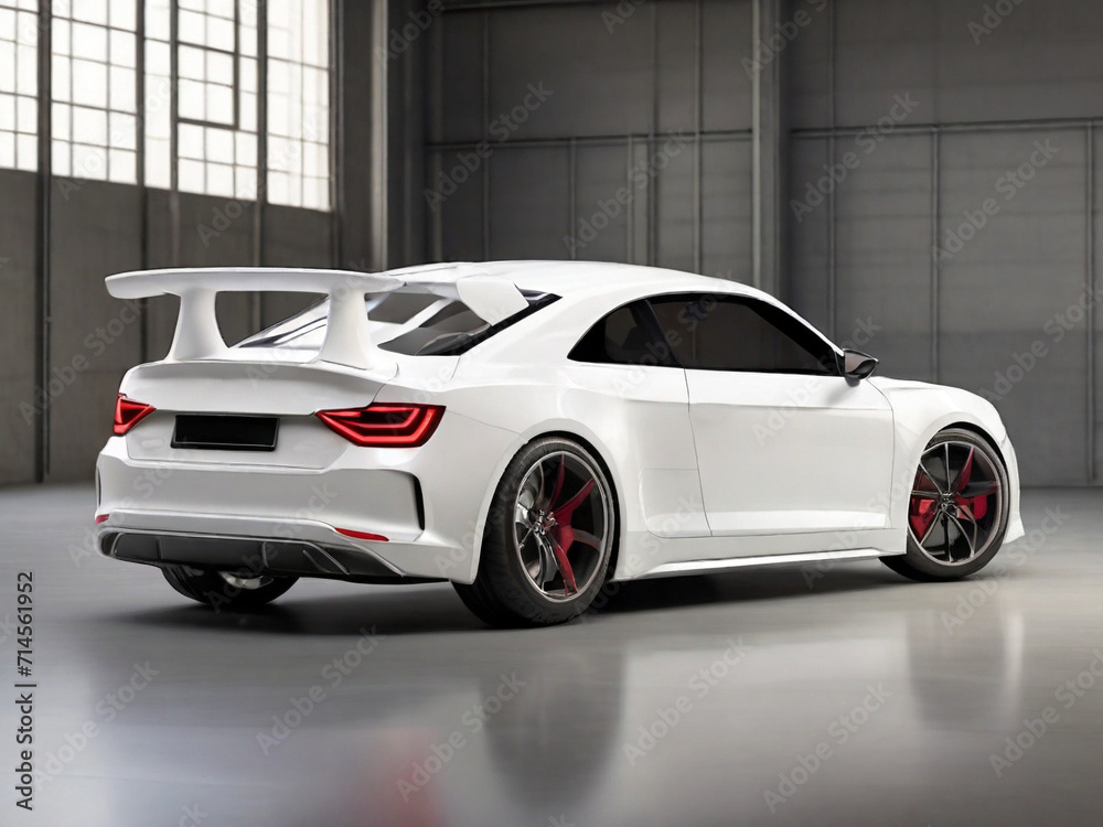 3D rendering of a brand-less generic car in a warehouse. Created using generative AI tools