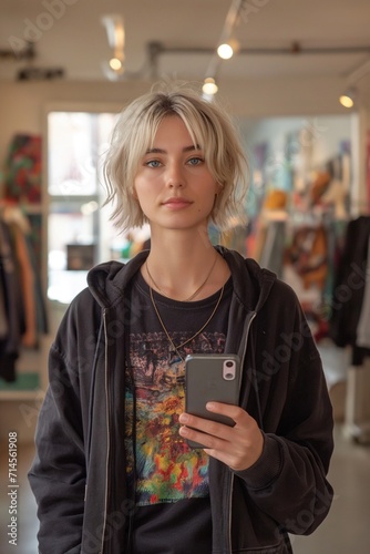 Woman with short blond hair, about 25 years old. Taking a selfie, holding a smartphone in a large mirror in a clothing store