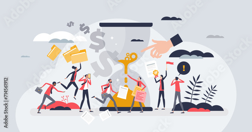 Business deadlines with hourglass and stressed managers tiny person concept. Anxiety from urgent project and work organization vector illustration. Fast process with high speed job performance.