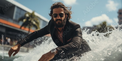 Businessman on a wave. Businessman with a smoking dress and sunglasses. Surfboard Going to the Beach. palm trees and luxury villas in the background © masherdraws