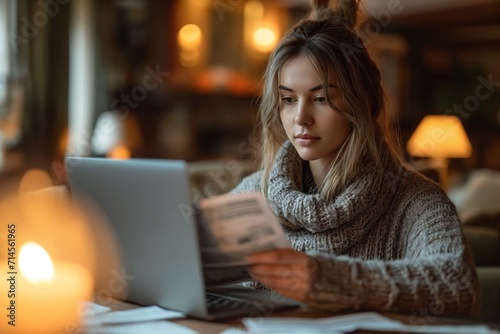 European woman pays bills online via laptop