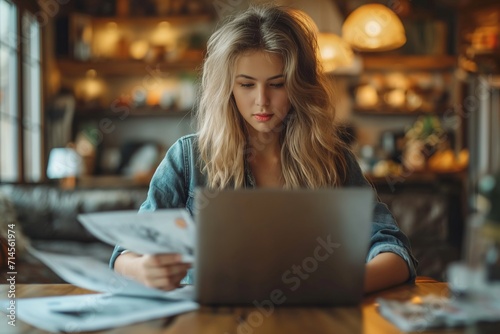 European woman pays bills online via laptop