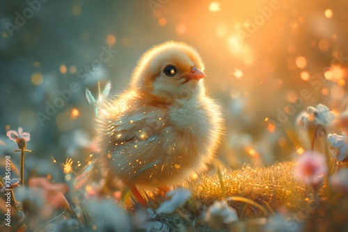 A little yellow chicken in a fantasy world, running around on a lawn with flowers. It's sunny and bright all around.