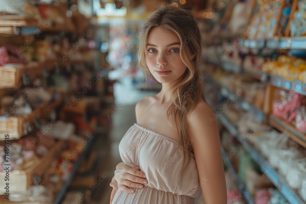 pregnant woman in a light summer dress in a baby store