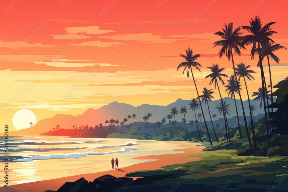 Gradient beach sunset landscape with palm trees and mountains. Evening on the beach. Orange sunset. Summer sunset. Paradise sunset