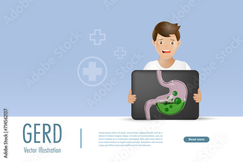 GERD gastroesophageal reflux on stomach. Man hold x ray film with acid bubbles on stomach, Digestive disorder causes patient heartburn pain or acid reflux indigestion. Medical and healthcare.