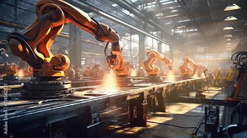 Modern industrial robotic welding work at factory. Industrial machine automatic robots arm for industrial 4.0 concept. Generative AI photo