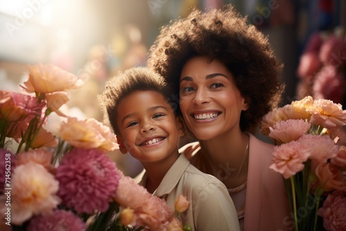 Happy mother's day. Child daughter and her mother smiling happily surrounded by a huge array of flowers. Spring summer time, flower market with fresh flowers © masherdraws