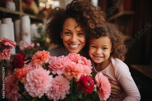 Happy mother's day. Child daughter and her mother smiling happily surrounded by a huge array of flowers. Spring summer time, flower market with fresh flowers