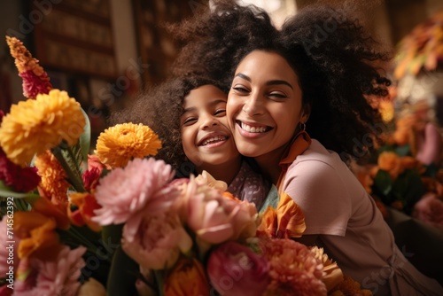 Happy mother's day. Child daughter and her mother smiling happily surrounded by a huge array of flowers. Spring summer time, flower market with fresh flowers © masherdraws
