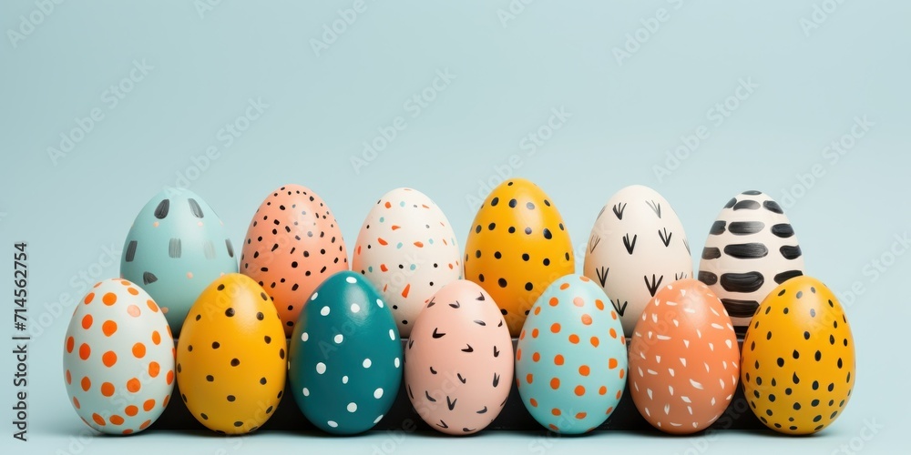 Happy Easter Greetings card of some colorful painted Easter eggs with different designs, dot and stripes, on blue unique contemporary pattern. Front view Happy Easter Greetings card of some colorful painted Easter eggs with different designs, dot and stripes, on blue unique contemporary pattern. Front view