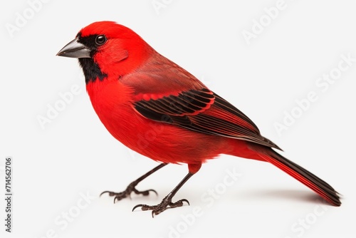 A black faced red bird with red feathers standing on a white background © roy9