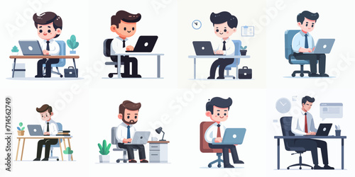 Vector business person with laptop. Simple and minimalist flat design