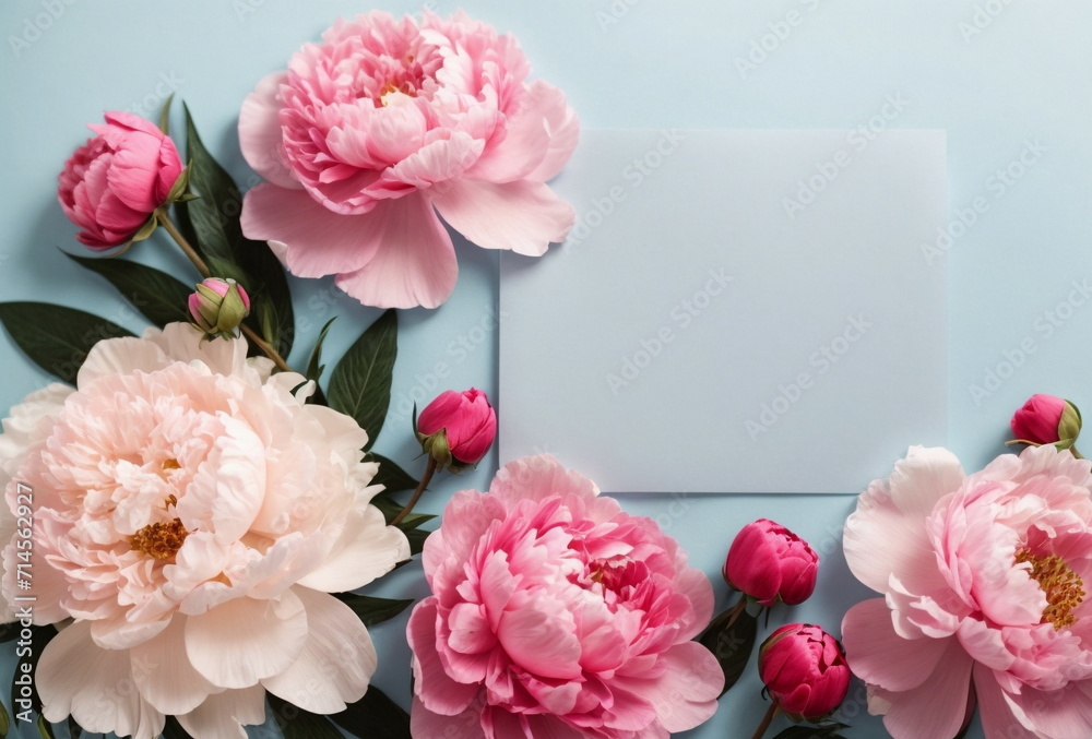 Greeting card mockup and beautiful pink peonies flowers frame on pastel blue background with copy space. Empty blank sheet card mock up for holiday greetings. Valentine's day, Mother's day, birthday