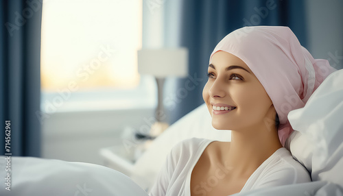Young woman bald in hospital room smiling world cancer day concept