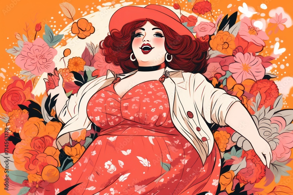 Fototapeta premium Beautiful plus size woman smiling. Flowers background and read hair, anime girl, adorable anime woman. Colorful Happy Women's day. 8 march. Spring summer