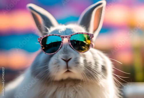 A stylish rabbit wearing pink sunglasses with a vibrant, colorful sunset reflected in the lenses.