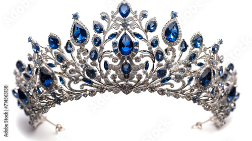 Beauty pageant winner, bride accessory in wedding and royal crown for a queen concept with a silver tiara covered diamonds and blue sapphire stones isolated on white with clipping path cutout. AI