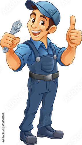 A handyman, mechanic, plumber or other construction cartoon mascot man holding a wrench or spanner tool.