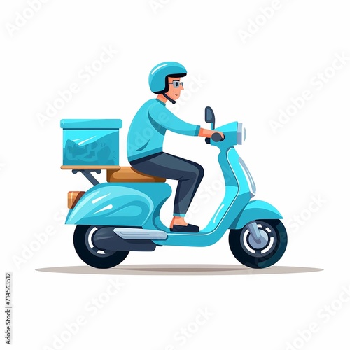 delivery motorbike or scooter driver with courier box on white background