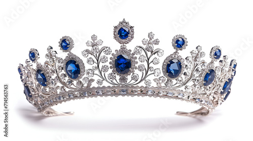 Beauty pageant winner, bride accessory in wedding and royal crown for a queen concept with a silver tiara covered diamonds and blue sapphire stones isolated on white with clipping path cutout. AI photo