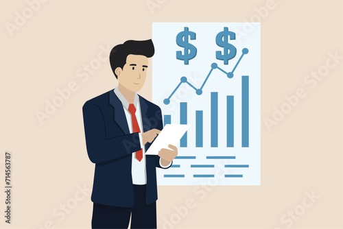 Businessman checking financial reports. Passive income, company profits or increased income. Business illustration.