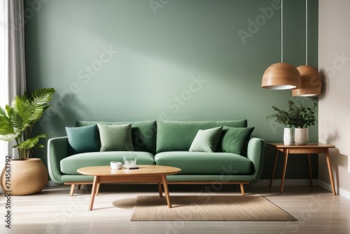 Interior home design of modern living room with green sofa and wooden furniture with houseplants against empty wall with copy space for text