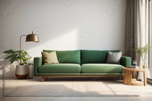 Interior home design of modern living room with green sofa and wooden furniture with houseplants against empty wall with copy space for text