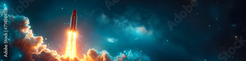 Rocket flies on the background of the starry sky in universe. Cosmonautics day concept. Space technology and astronomy. Free space for text, copy space. Banner. photo