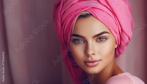 Young woman wears pink turban world cancer day concept