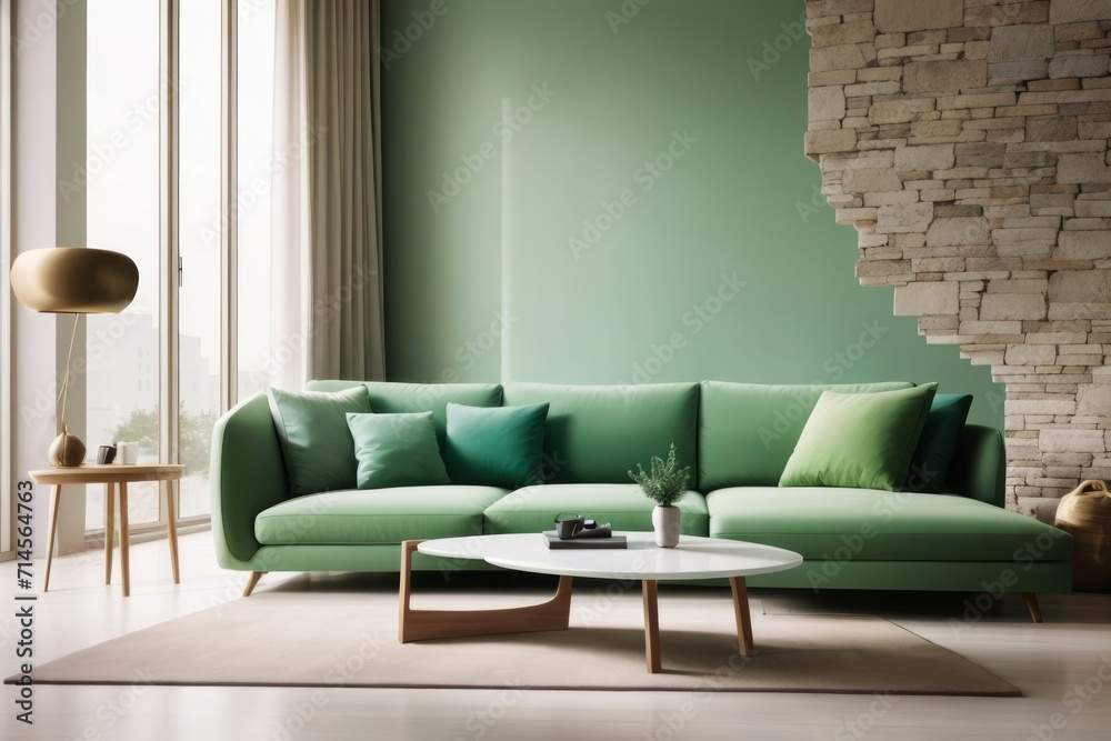 Fototapeta premium Interior home design of modern living room with green sofa and wooden furniture with stone wall decorative plants