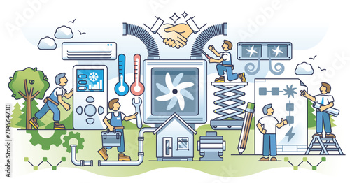HVAC contractor and professional climate control installation outline concept. Heat, ventilation and air conditioning unit maintenance, assembly and fix service vector illustration. Technician work.