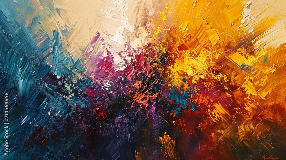 Canvas art with an explosion of colors, featuring rough and raised textures from palette knife applications. Canvas art with an explosion of colors, featuring rough and raised textures from palette knife applications.