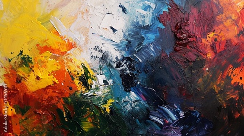 Canvas showcasing a chaotic blend of multicolored oil paints, applied with a variety of brush and knife techniques.