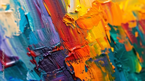 Close-up of a vibrant abstract painting with thick oil brushstrokes in a spectrum of colors. © Muhammad