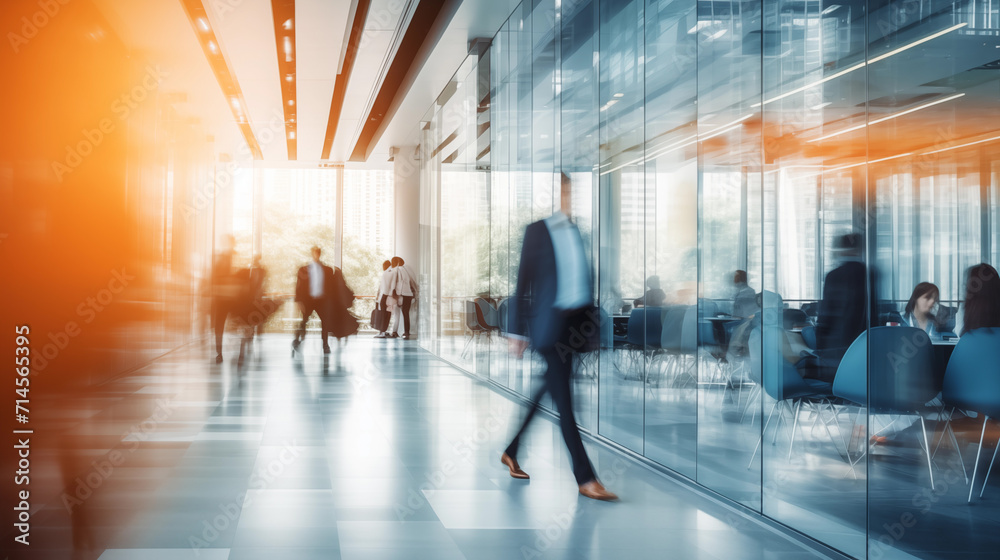 Blurred background of a modern business office with walking people. Motion blur