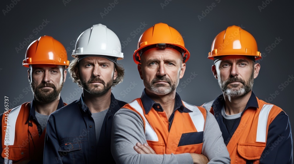 A Confident team of engineers, wearing hard plastic helmets, arms crossed, looking up, white isolated background. A Confident team of engineers, wearing hard plastic helmets, arms crossed, looking up, white isolated background.