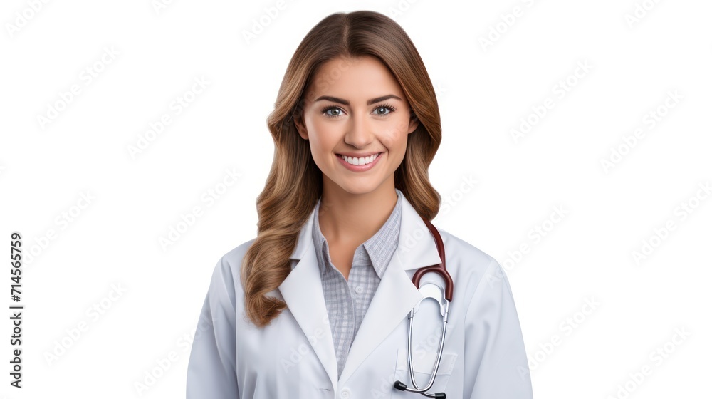 A Portrait of a beautiful happy young doctor on a white isolated transparent background. A Portrait of a beautiful happy young doctor on a white isolated transparent background.