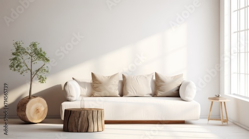 A Minimalist interior design of a modern living room  sofa and stump pillows  in a room with morning sunlight streaming through the window.