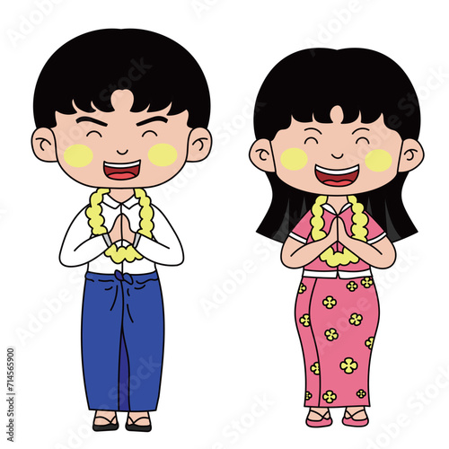 Cute Myanmar Water Songkran character line vector illustration